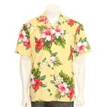 Hilo Hattie Hibiscus Plumeria Yellow Cotton  Men's Hawaiian Shirt